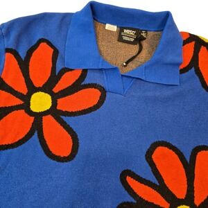 WESC Short Sleeve Johnny Collar Daisy Knit Floral Polo Blue Red Womens XL Mens L